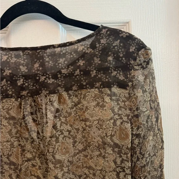 CALME By Johnny Was 100% Silk Sheer Brown Abstract Print Blouse Size Medium